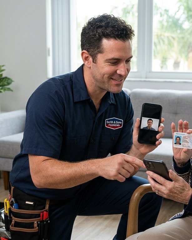 A plumbing technician completing a Remote Online Notary session with a customer, verifying ID on his phone